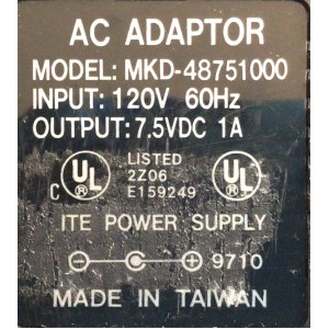 CARGADOR / ADAPTADOR DE FUENTE DE ALIMENTACION AC ADAPTOR / VCA-VCD / NUMERO DE PARTE MKD-48751000 / ENTRADA VCA 120V 60HZ  / SALIDA VCD 7.5 1A  / MODELO MKD-48751000